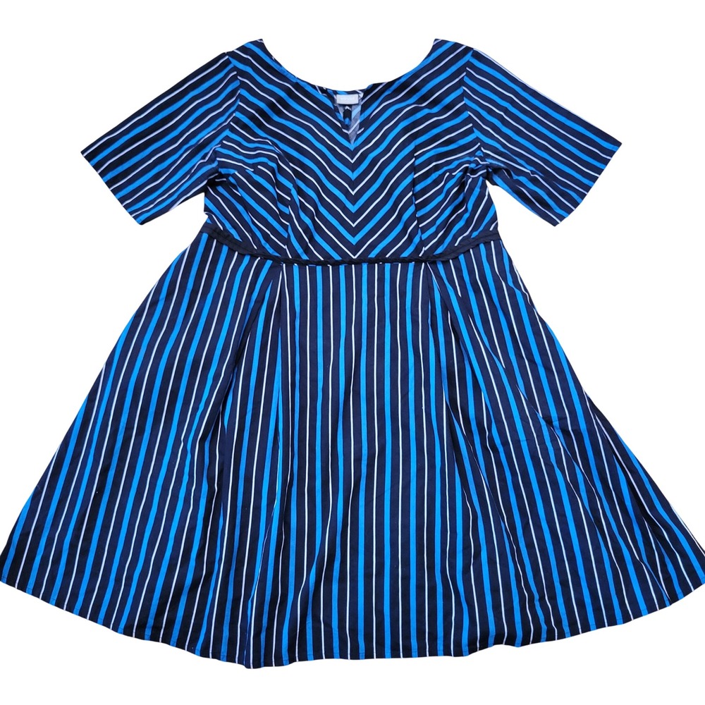 eShakti 22W Fit Flare Dress Blue Black Stripe Cotton V Neck Modest Plus Comfy